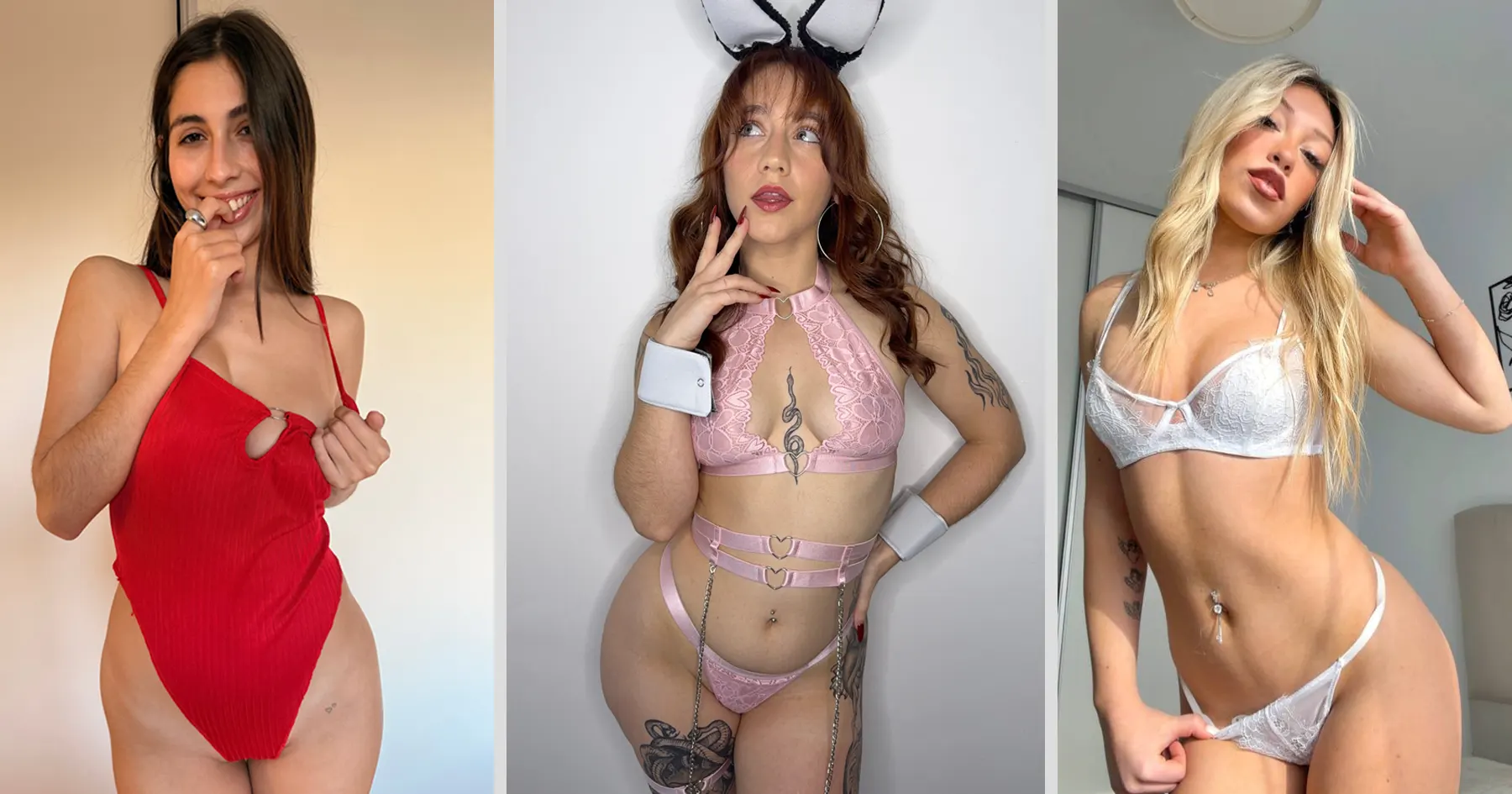 Three-panel collage of women wearing a red swimsuit, pink lingerie with bunny ears, and white lingerie