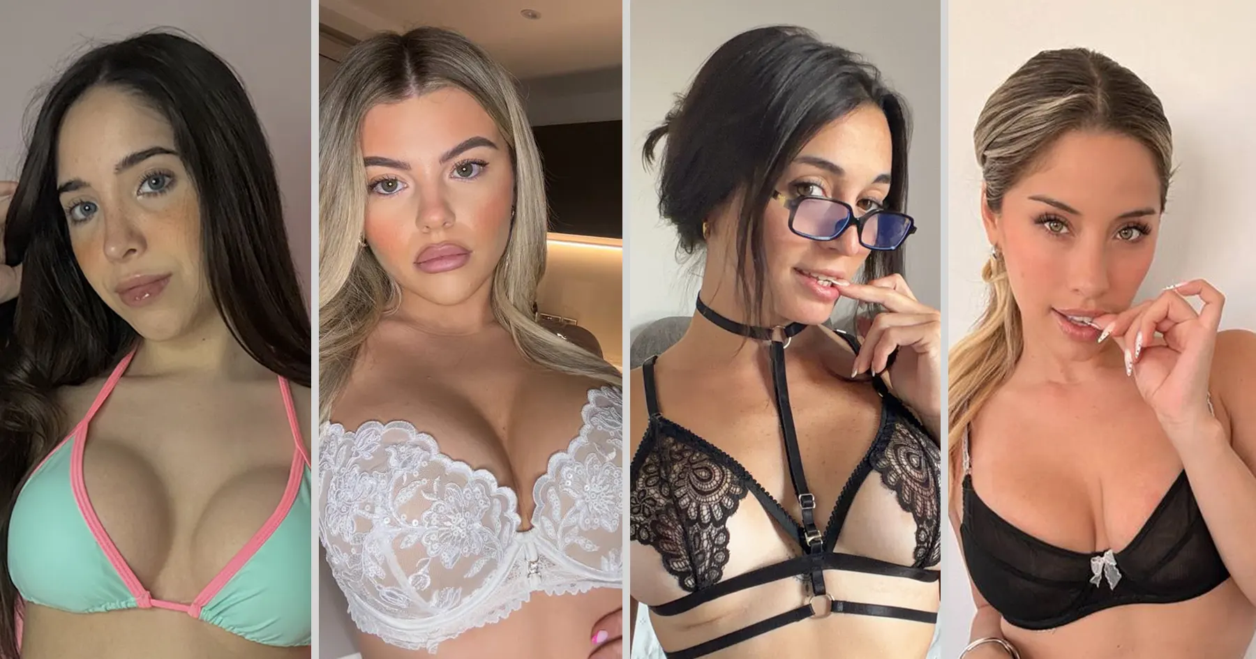 Collage of four women posing in colorful bikinis and lace lingerie with glamorous styling and curvy figures.