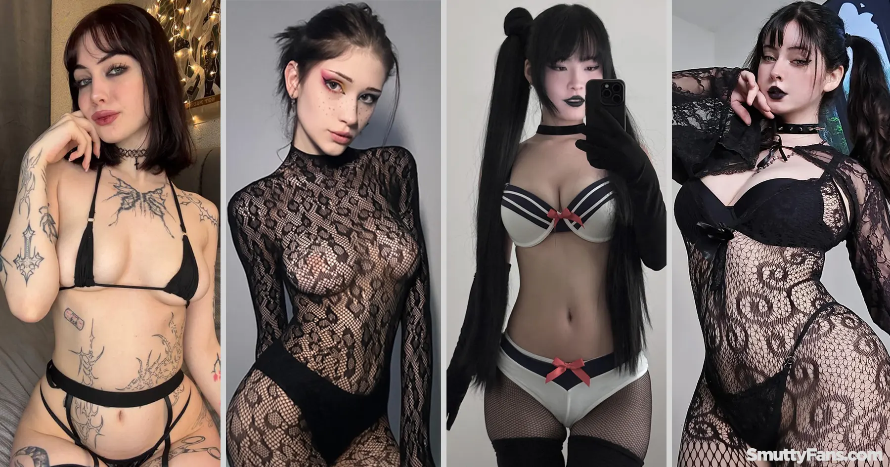 Top goth OnlyFans girls wearing gothic lingerie, fishnets, and alternative fashion in a collage of popular creators.