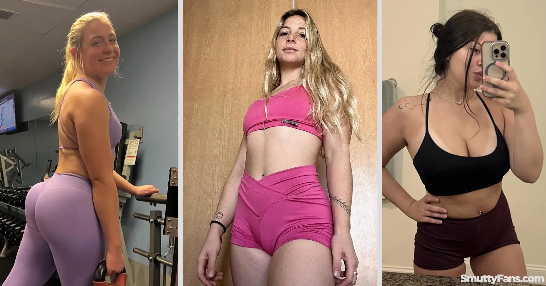Three fitness models showcasing different athletic body types, including strong glutes, toned legs, athletic curves, defined waists, and gym-inspired activewear